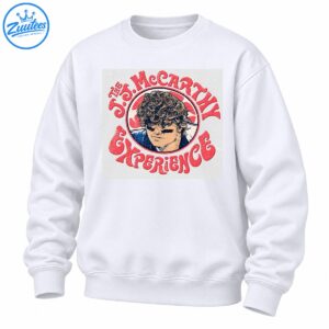 The J. McCarthy Experience graphic with a curly-haired portrait, distressed red lettering, and a circular navy and cream emblem