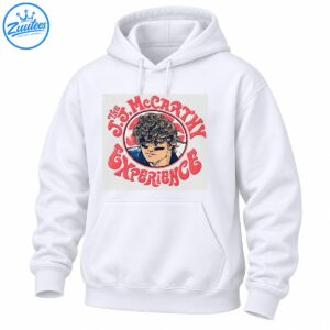 The J. McCarthy Experience graphic with a curly-haired portrait, distressed red lettering, and a circular navy and cream emblem