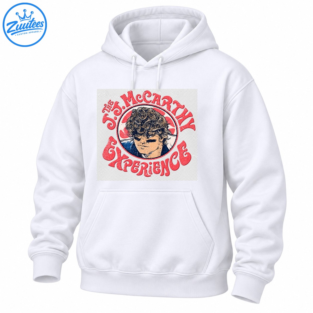 The J. McCarthy Experience graphic with a curly haired portrait, distressed red lettering, and a circular navy and cream emblem The J. McCarthy Experience graphic with a curly-haired portrait, distressed red lettering, and a circular navy and cream emblem
