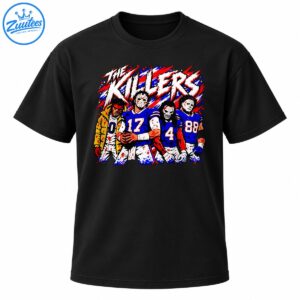 The Killers horror football graphic with four masked players in blue jerseys numbered 0, 17, 4 and 88