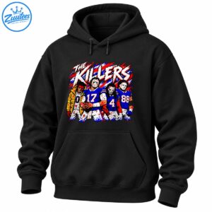 The Killers horror football graphic with four masked players in blue jerseys numbered 0, 17, 4 and 88