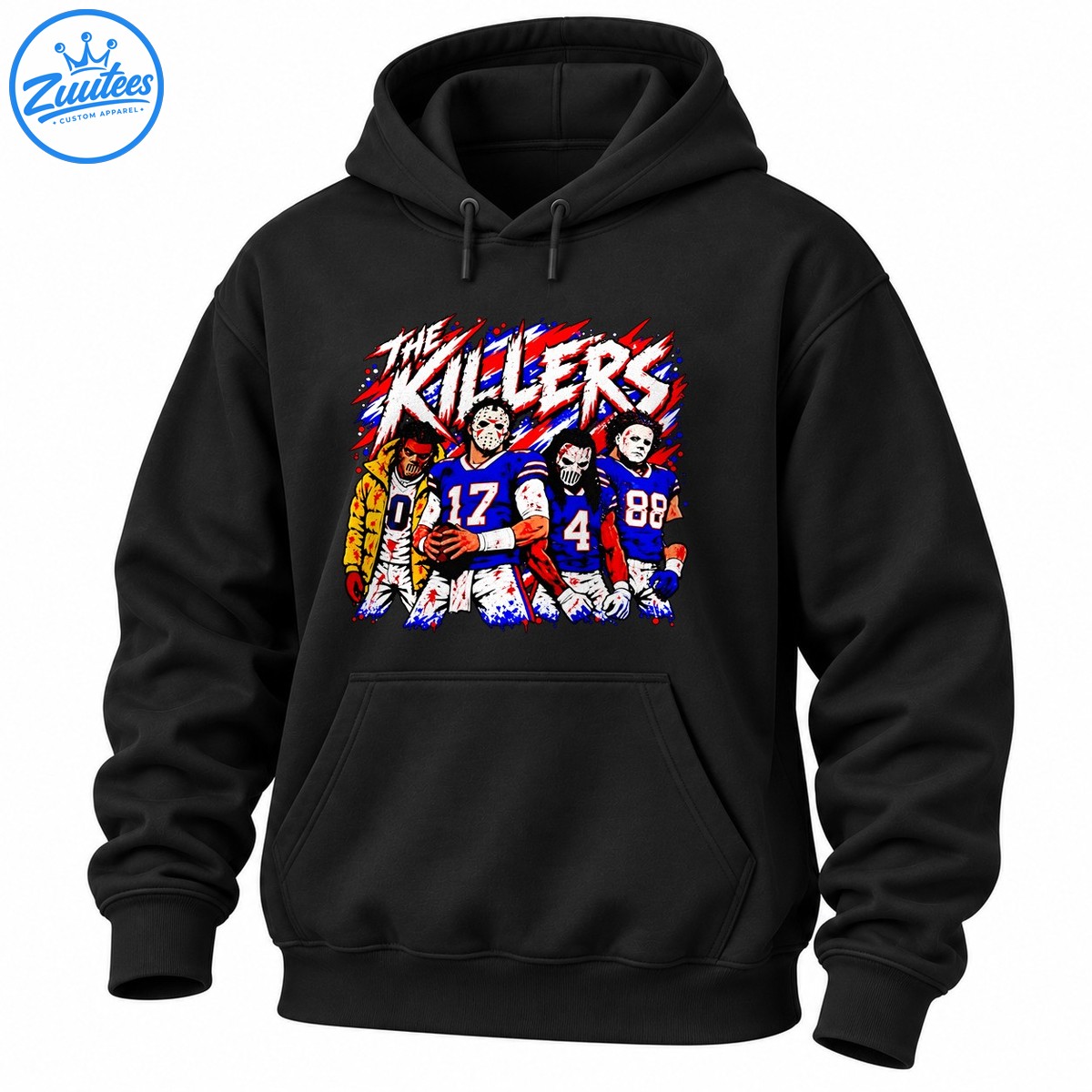 The Killers horror football graphic with four masked players in blue jerseys numbered 0, 17, 4 and 88 The Killers horror football graphic with four masked players in blue jerseys numbered 0, 17, 4 and 88