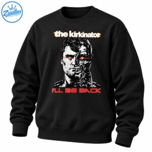 The Kirkinator I'll Be Back shirt design with a half-human half-cyborg portrait, glowing red eyes, and retro lettering