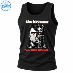 The Kirkinator I'll Be Back shirt design with a half-human half-cyborg portrait, glowing red eyes, and retro lettering