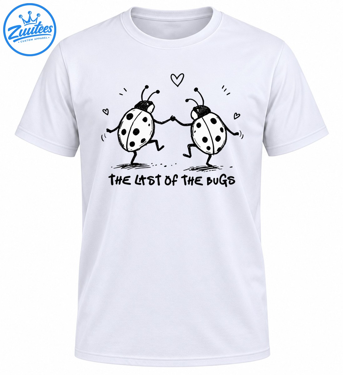 Two hand drawn ladybugs holding hands with small hearts and the words THE LAST OF THE BUGS in black and white Two hand-drawn ladybugs holding hands with small hearts and the words THE LAST OF THE BUGS in black and white