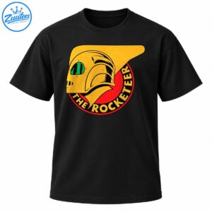 Golden flight helmet with green visor over a red circular emblem and curved THE ROCKETEER lettering in distressed retro style