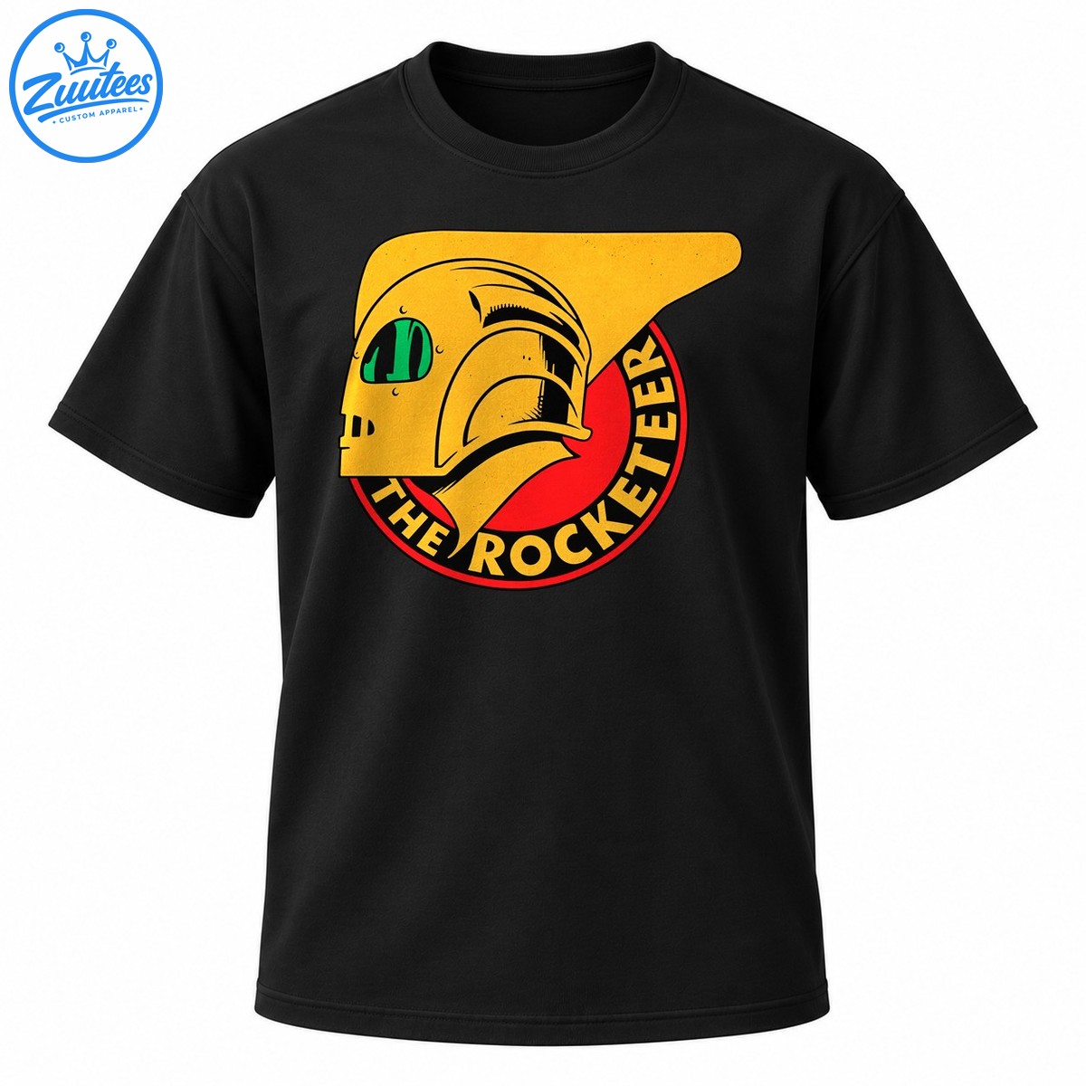 Golden flight helmet with green visor over a red circular emblem and curved THE ROCKETEER lettering in distressed retro style Golden flight helmet with green visor over a red circular emblem and curved THE ROCKETEER lettering in distressed retro style