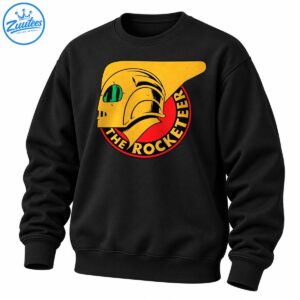 Golden flight helmet with green visor over a red circular emblem and curved THE ROCKETEER lettering in distressed retro style