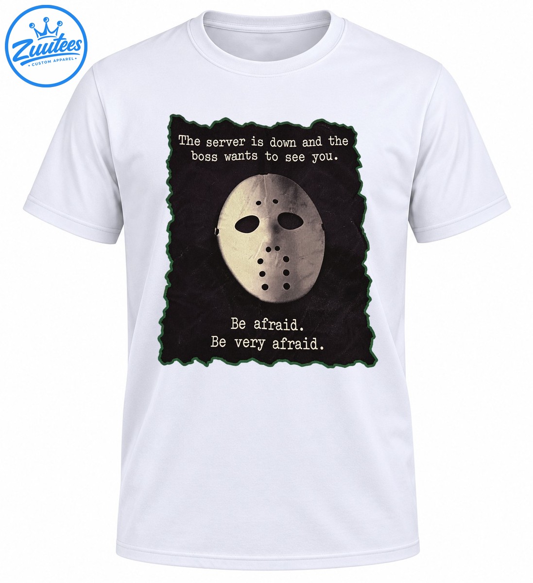 Server outage humor shirt with a distressed hockey mask, cream typewriter lettering, and vintage horror poster styling Server outage humor shirt with a distressed hockey mask, cream typewriter lettering, and vintage horror poster styling