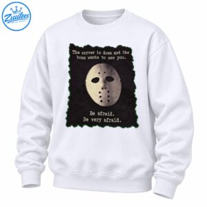 Server outage humor shirt with a distressed hockey mask, cream typewriter lettering, and vintage horror poster styling
