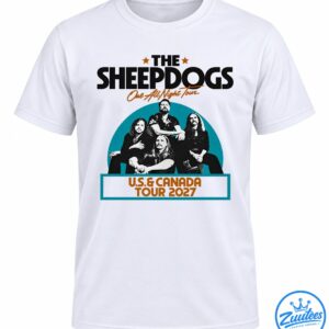 The Sheepdogs One All Night Tour 2027 graphic with four band members, teal semicircle, orange stars, and tour banner