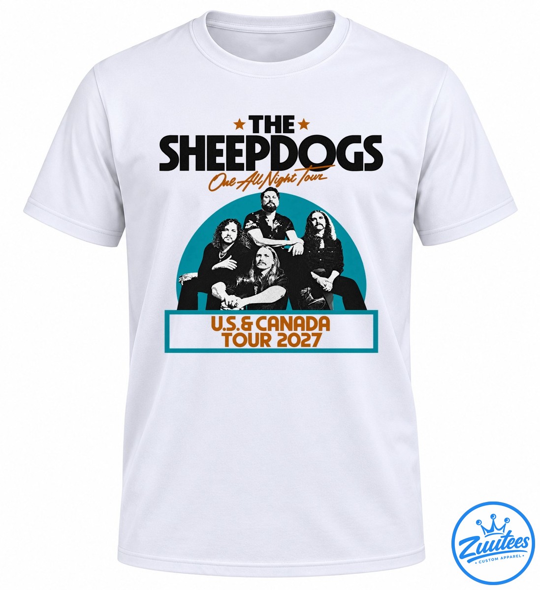 The Sheepdogs One All Night Tour 2027 graphic with four band members, teal semicircle, orange stars, and tour banner The Sheepdogs One All Night Tour 2027 graphic with four band members, teal semicircle, orange stars, and tour banner