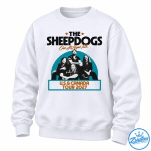 The Sheepdogs One All Night Tour 2027 graphic with four band members, teal semicircle, orange stars, and tour banner