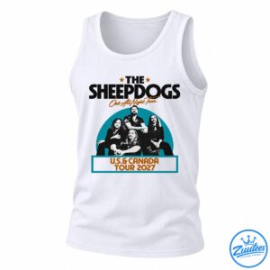 The Sheepdogs One All Night Tour 2027 graphic with four band members, teal semicircle, orange stars, and tour banner