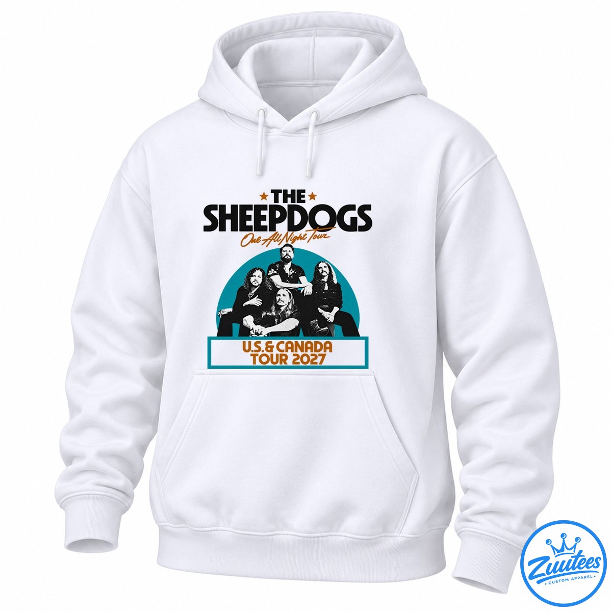The Sheepdogs One All Night Tour 2027 graphic with four band members, teal semicircle, orange stars, and tour banner The Sheepdogs One All Night Tour 2027 graphic with four band members, teal semicircle, orange stars, and tour banner