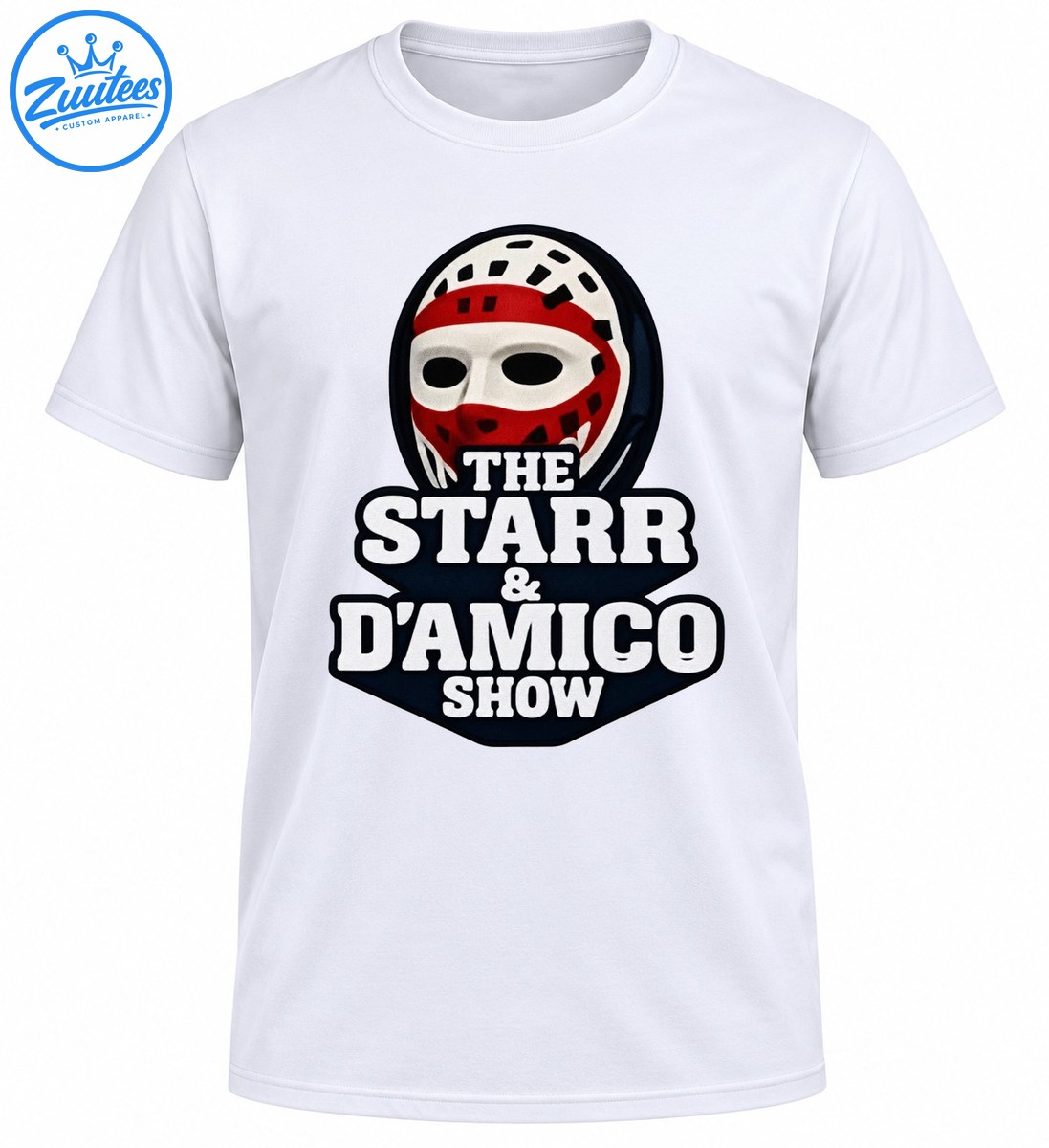 The Starr & D’Amico Show graphic featuring a red and white hockey mask above bold white lettering on a black emblem The Starr & D’Amico Show graphic featuring a red and white hockey mask above bold white lettering on a black emblem