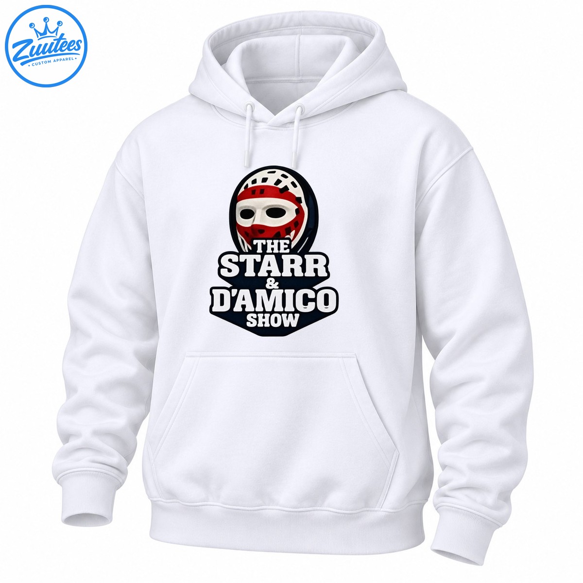 The Starr & D’Amico Show graphic featuring a red and white hockey mask above bold white lettering on a black emblem The Starr & D’Amico Show graphic featuring a red and white hockey mask above bold white lettering on a black emblem