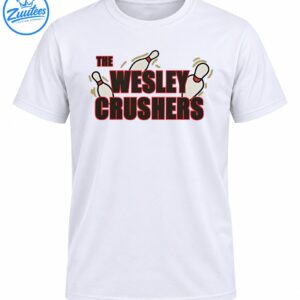The Wesley Crushers bowling graphic with bold charcoal and red lettering, three white bowling pins, and olive motion marks