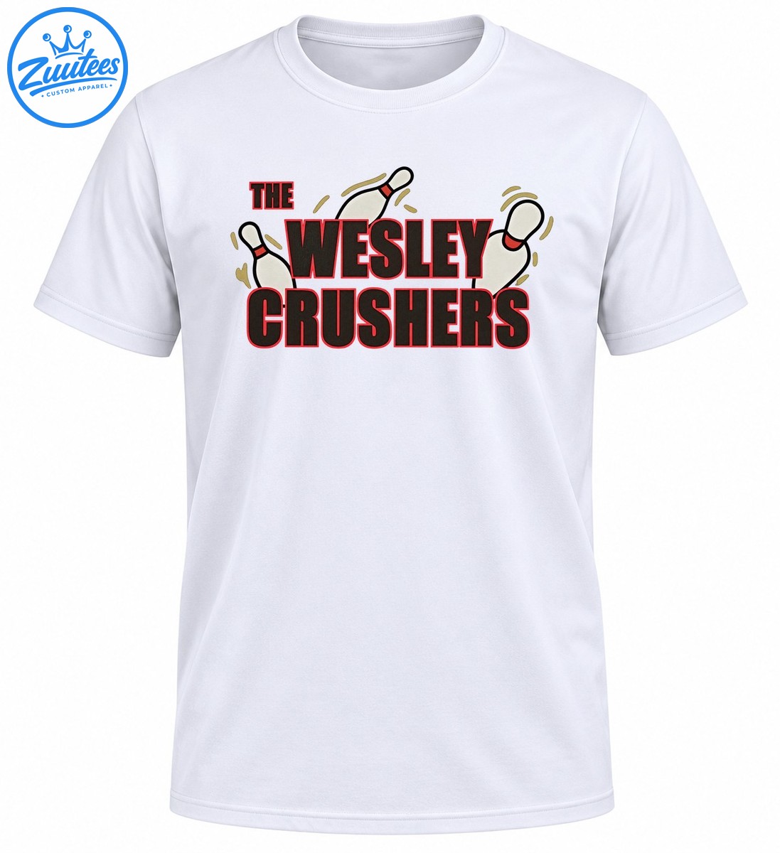 The Wesley Crushers bowling graphic with bold charcoal and red lettering, three white bowling pins, and olive motion marks The Wesley Crushers bowling graphic with bold charcoal and red lettering, three white bowling pins, and olive motion marks