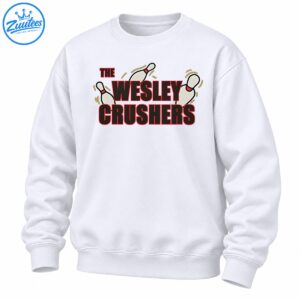 The Wesley Crushers bowling graphic with bold charcoal and red lettering, three white bowling pins, and olive motion marks