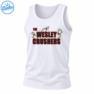The Wesley Crushers bowling graphic with bold charcoal and red lettering, three white bowling pins, and olive motion marks