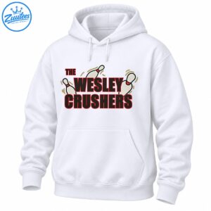 The Wesley Crushers bowling graphic with bold charcoal and red lettering, three white bowling pins, and olive motion marks