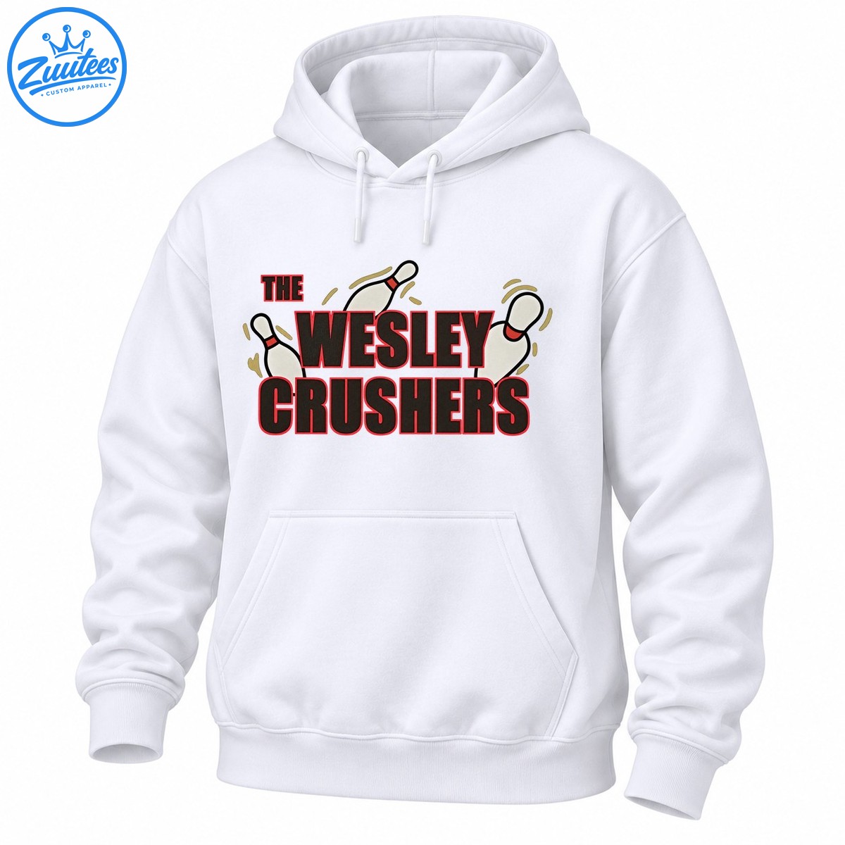 The Wesley Crushers bowling graphic with bold charcoal and red lettering, three white bowling pins, and olive motion marks The Wesley Crushers bowling graphic with bold charcoal and red lettering, three white bowling pins, and olive motion marks