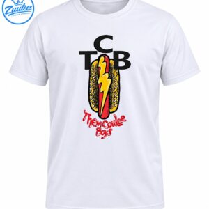 Them Coulee Boys TCB graphic with black lettering, a yellow hot dog bun, red sausage, yellow lightning bolt, and red script