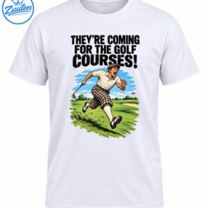 Vintage golf graphic with a panicked golfer running across a green fairway beneath the words They’re Coming for the Golf Courses