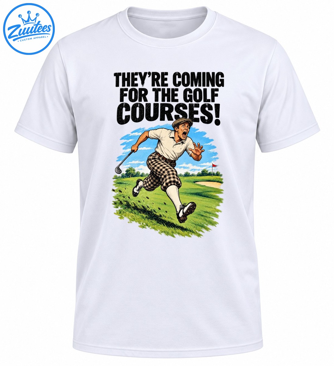 Vintage golf graphic with a panicked golfer running across a green fairway beneath the words They’re Coming for the Golf Courses Vintage golf graphic with a panicked golfer running across a green fairway beneath the words They’re Coming for the Golf Courses