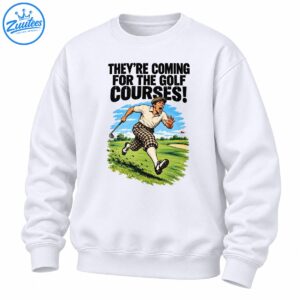 Vintage golf graphic with a panicked golfer running across a green fairway beneath the words They’re Coming for the Golf Courses