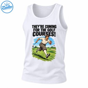 Vintage golf graphic with a panicked golfer running across a green fairway beneath the words They’re Coming for the Golf Courses
