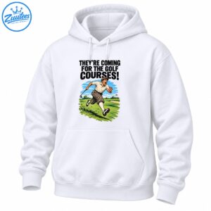 Vintage golf graphic with a panicked golfer running across a green fairway beneath the words They’re Coming for the Golf Courses