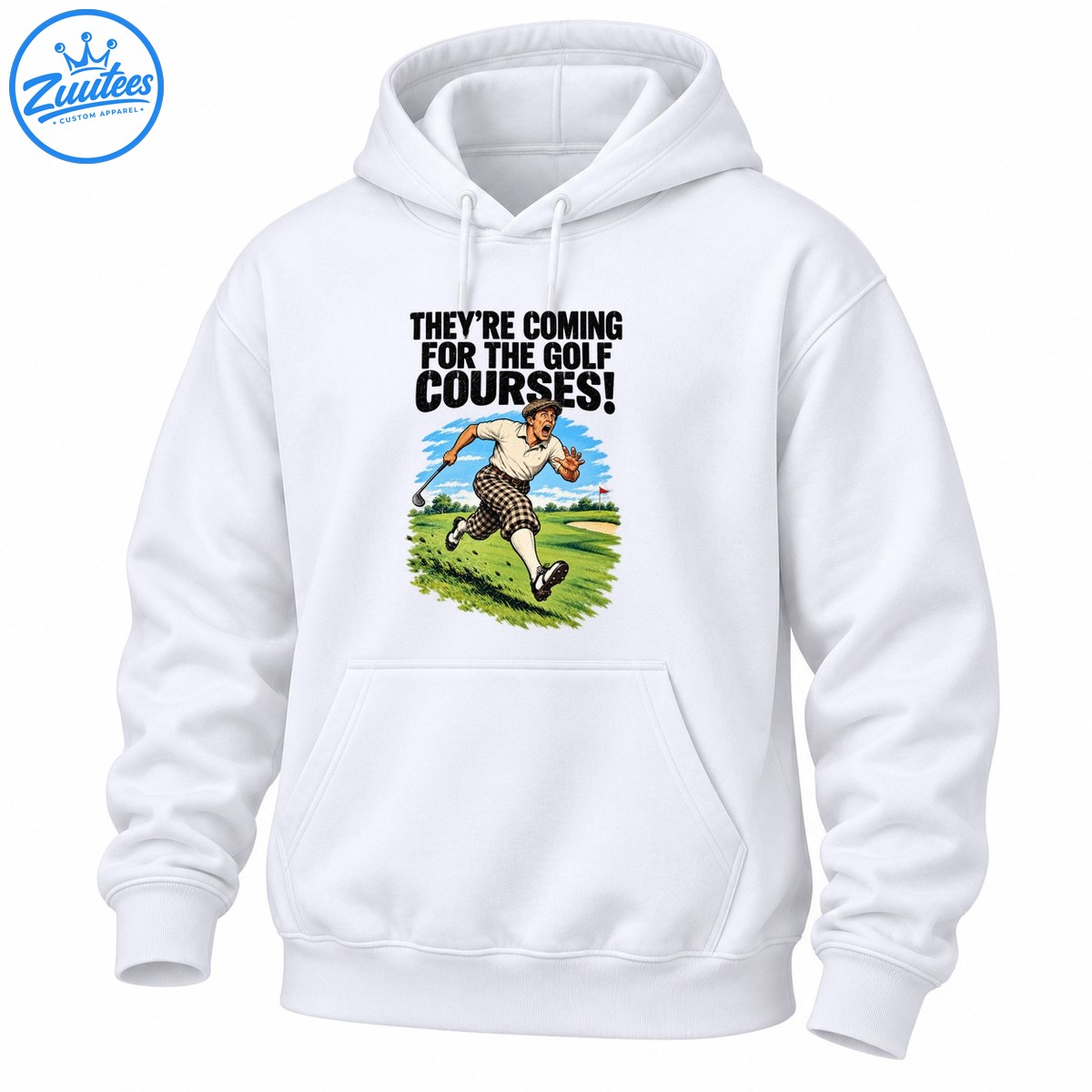 Vintage golf graphic with a panicked golfer running across a green fairway beneath the words They’re Coming for the Golf Courses Vintage golf graphic with a panicked golfer running across a green fairway beneath the words They’re Coming for the Golf Courses