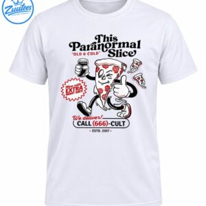This Paranormal Slice pizza mascot with skull pepperoni, thumbs up, red accents, and vintage horror lettering