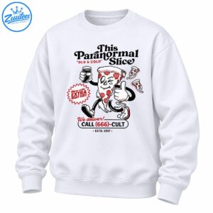 This Paranormal Slice pizza mascot with skull pepperoni, thumbs up, red accents, and vintage horror lettering