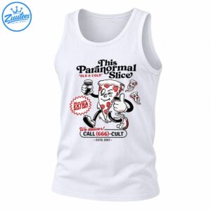 This Paranormal Slice pizza mascot with skull pepperoni, thumbs up, red accents, and vintage horror lettering