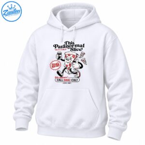 This Paranormal Slice pizza mascot with skull pepperoni, thumbs up, red accents, and vintage horror lettering