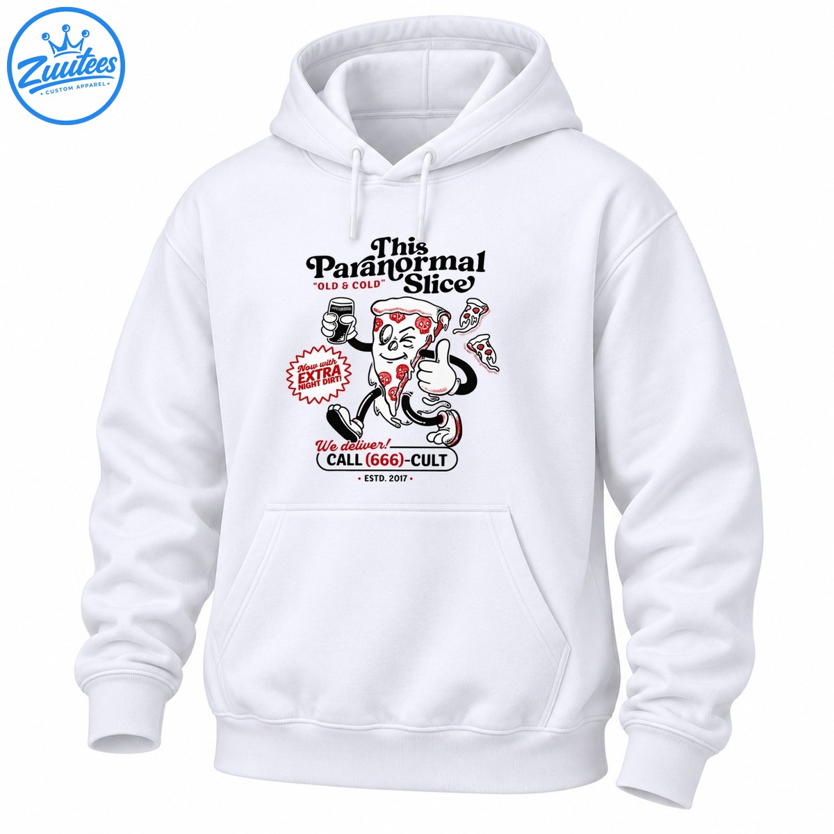 This Paranormal Slice pizza mascot with skull pepperoni, thumbs up, red accents, and vintage horror lettering This Paranormal Slice pizza mascot with skull pepperoni, thumbs up, red accents, and vintage horror lettering