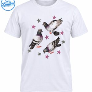 Three watercolor pigeons in standing, flying, and pecking poses surrounded by dusty pink and gray stars