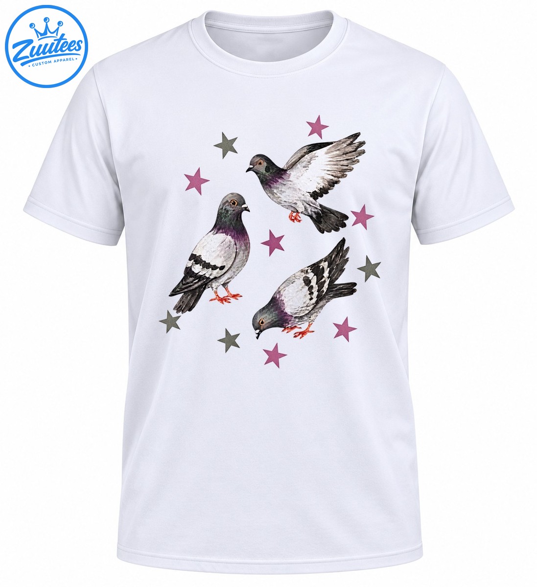 Three watercolor pigeons in standing, flying, and pecking poses surrounded by dusty pink and gray stars Three watercolor pigeons in standing, flying, and pecking poses surrounded by dusty pink and gray stars