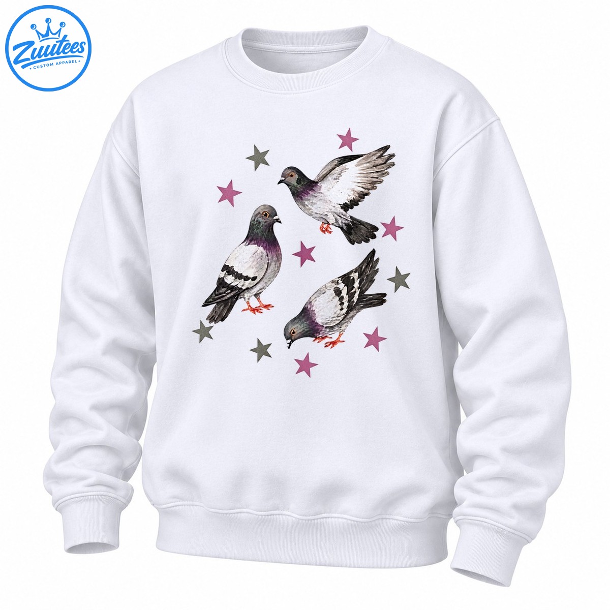 Three Pigeons With Stars Watercolor Bird Nature Sweatshirt