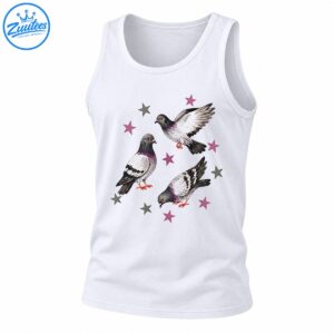 Three watercolor pigeons in standing, flying, and pecking poses surrounded by dusty pink and gray stars