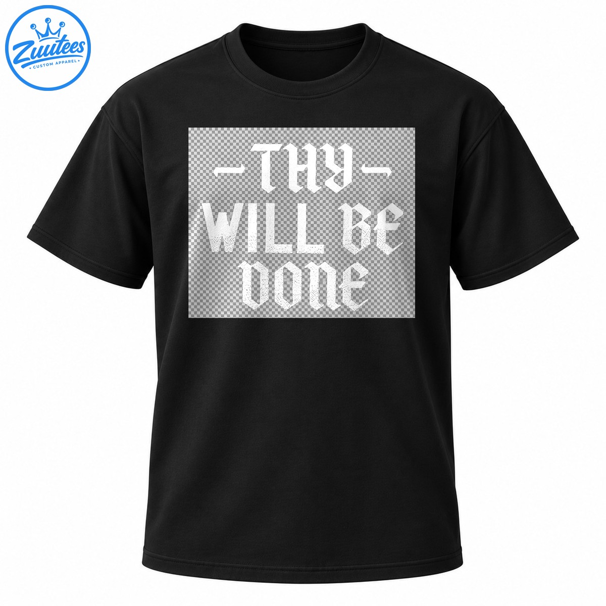 Thy Will Be Done text design in distressed white Gothic lettering with decorative horizontal accents Thy Will Be Done text design in distressed white Gothic lettering with decorative horizontal accents