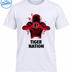 Crimson and black football player with a white-outlined P emblem, red ink splashes, and TIGER NATION text