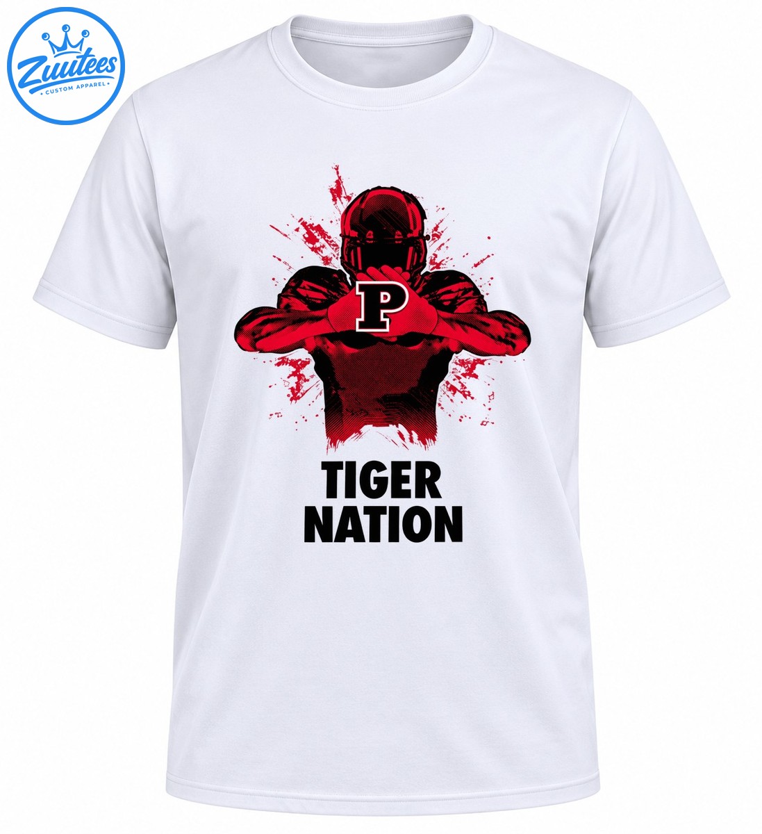 Crimson and black football player with a white outlined P emblem, red ink splashes, and TIGER NATION text Crimson and black football player with a white-outlined P emblem, red ink splashes, and TIGER NATION text