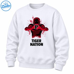 Crimson and black football player with a white-outlined P emblem, red ink splashes, and TIGER NATION text
