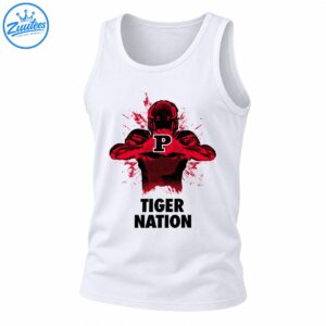 Crimson and black football player with a white-outlined P emblem, red ink splashes, and TIGER NATION text