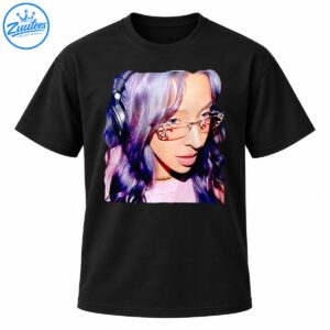 Tinashe portrait graphic with silver purple hair, decorative pink sunglasses, headphones, and pink outfit