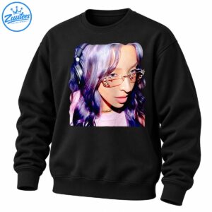 Tinashe portrait graphic with silver purple hair, decorative pink sunglasses, headphones, and pink outfit